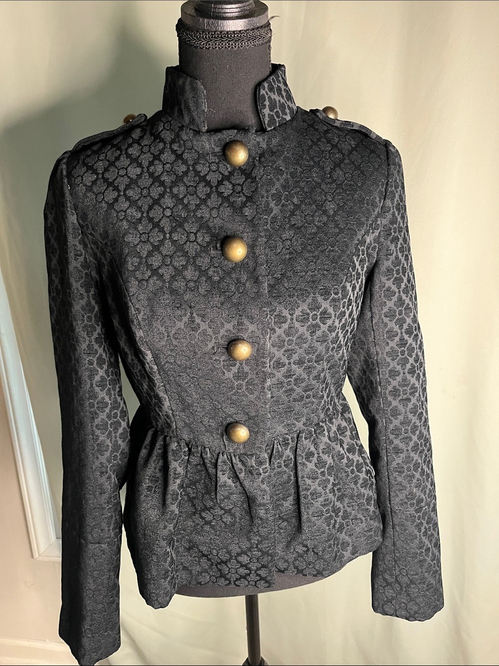 Tulle Black Jacquard Military-Style Peplum Blazer with Brass Buttons